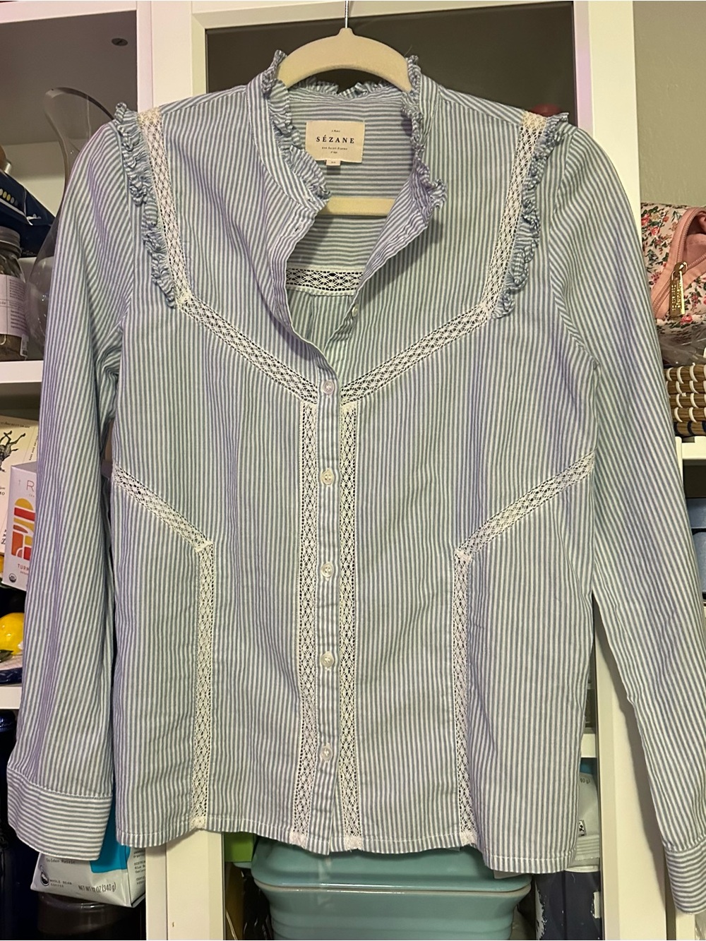 Cute $250 Sezane Blue White Stripe Lace Trim Ruffle Collar Shoulders Button Down - Picture 3 of 10